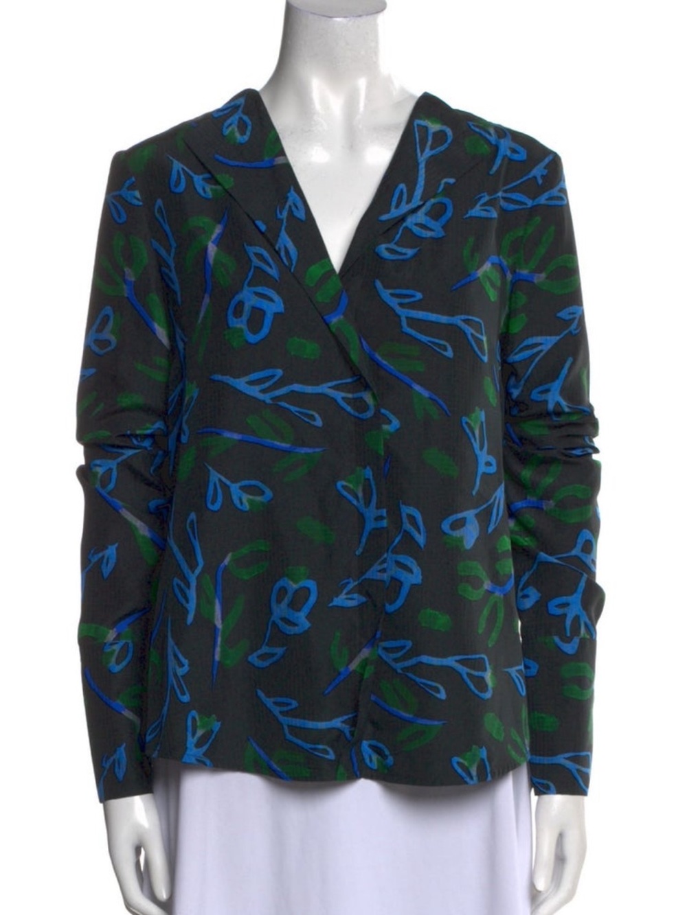 Woven Floral-Print V-Neck Blouse in Charcoal with Blue & Green Accents